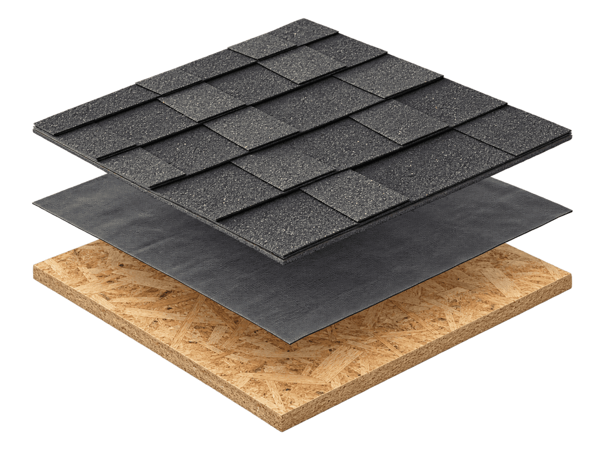An illustration of a roof pulled apart into its layers: shingles on top, then underlayment, then wood decking