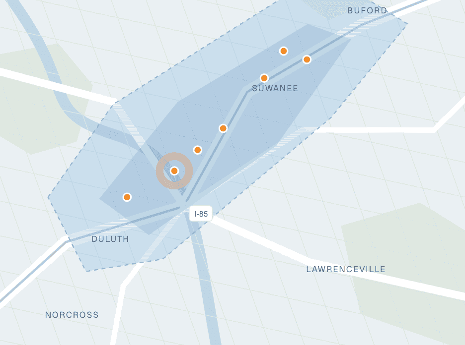 An illustrated map of Duluth, Suwanee, Buford and Lawrenceville with a sample storm path drawn across it